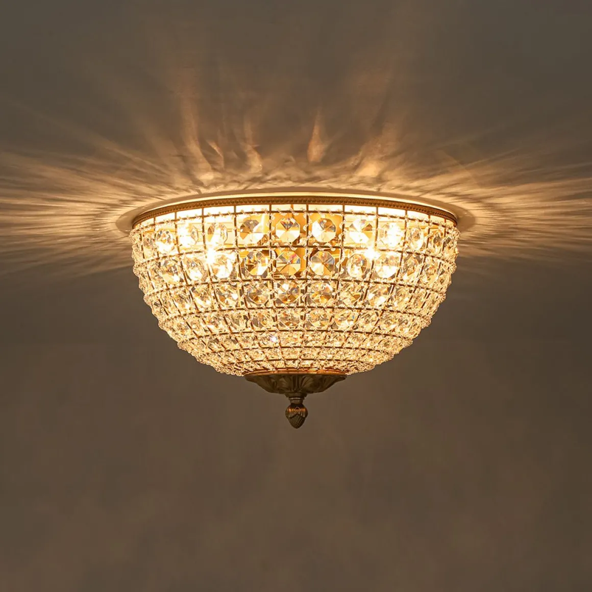 Luxe Vintage French Brass Round Crystal Cage Flush Mount Light