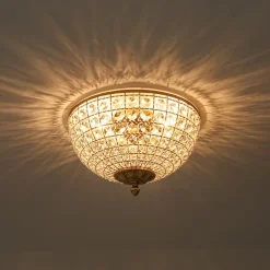 Luxe Vintage French Brass Round Crystal Cage Flush Mount Light