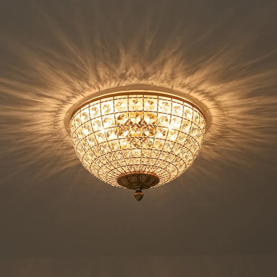 Luxe Vintage French Brass Round Crystal Cage Flush Mount Light