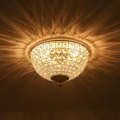 Luxe Vintage French Brass Round Crystal Cage Flush Mount Light