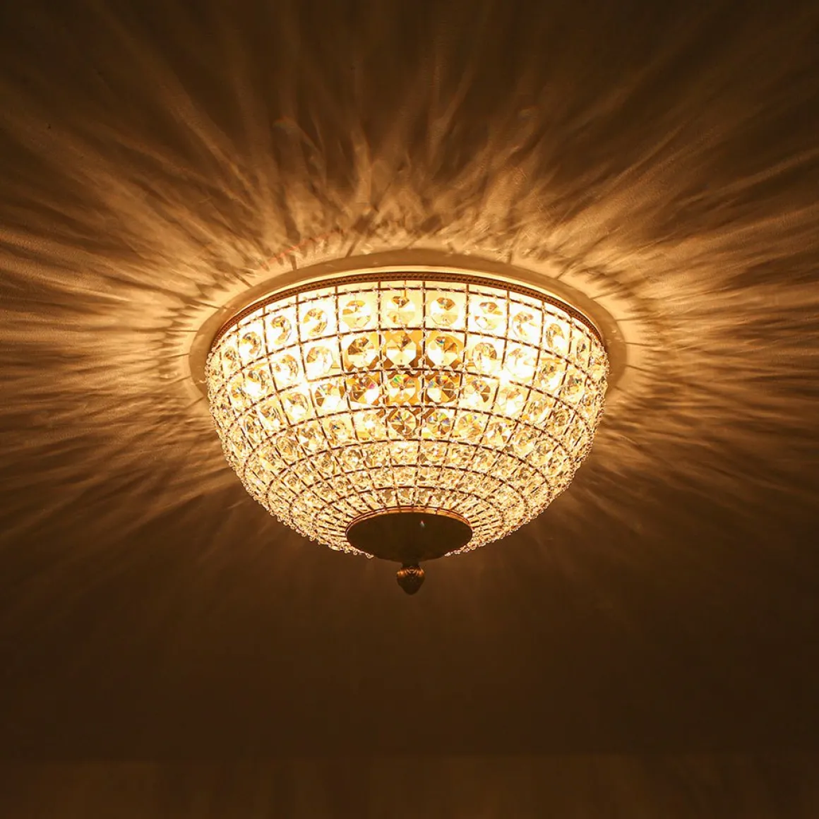 Luxe Vintage French Brass Round Crystal Cage Flush Mount Light
