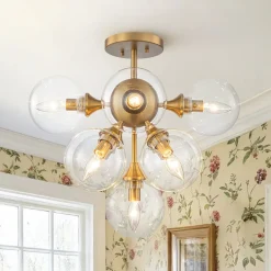 Mid-Century Brass Glass Bubble Tiered Semi Flush Chandelier