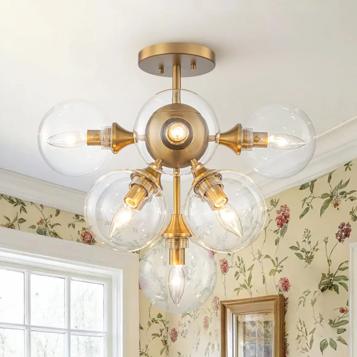 Mid-Century Brass Glass Bubble Tiered Semi Flush Chandelier