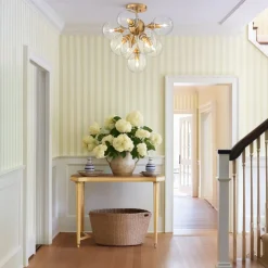 Mid-Century Brass Glass Bubble Tiered Semi Flush Chandelier