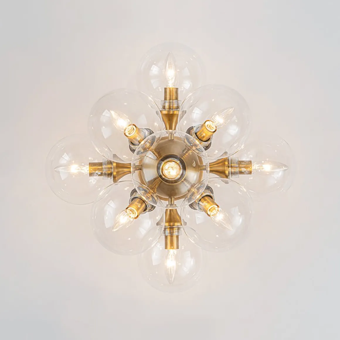 Mid-Century Brass Glass Bubble Tiered Semi Flush Chandelier