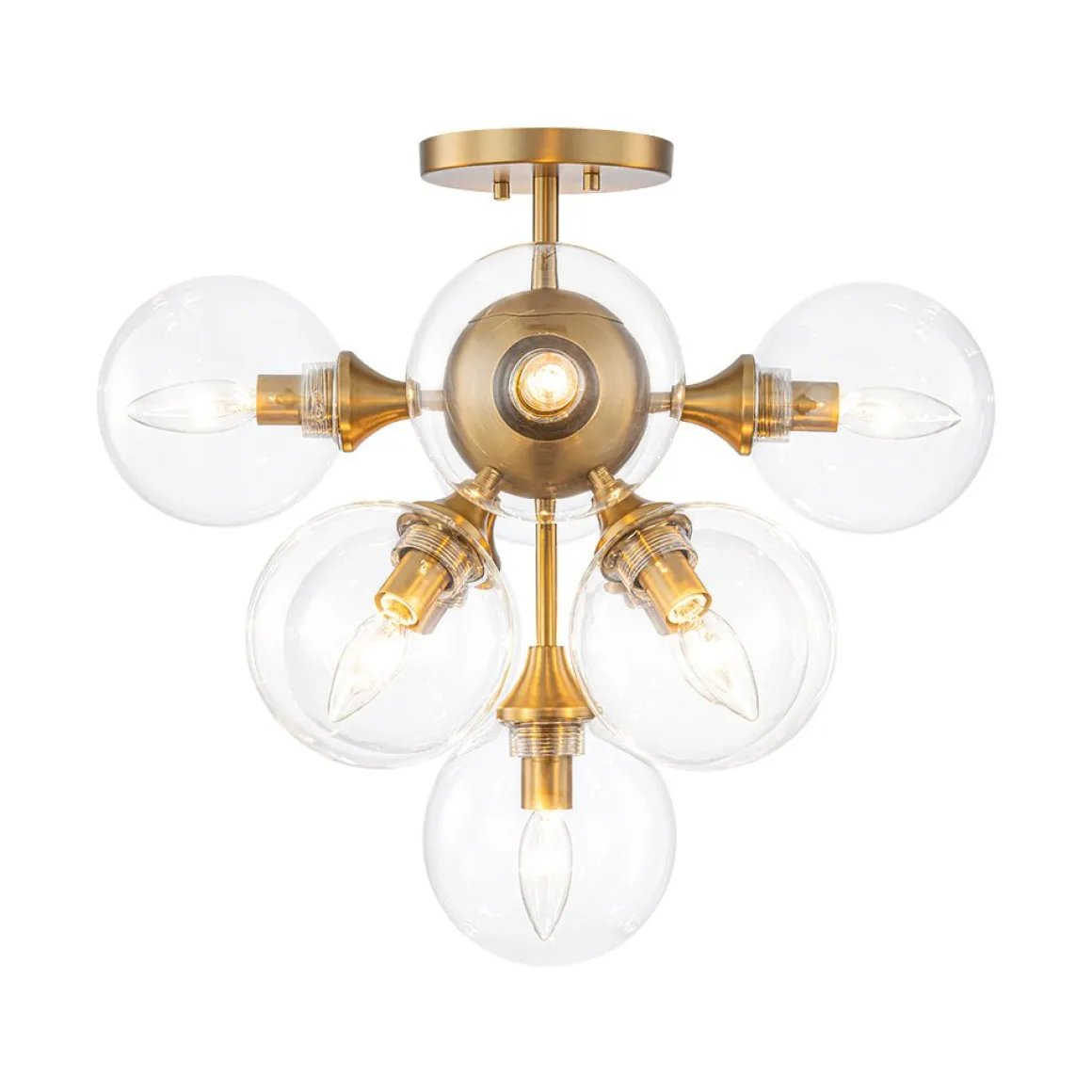 Mid-Century Brass Glass Bubble Tiered Semi Flush Chandelier