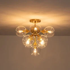 Mid-Century Brass Glass Bubble Tiered Semi Flush Chandelier