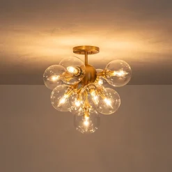 Mid-Century Brass Glass Bubble Tiered Semi Flush Chandelier