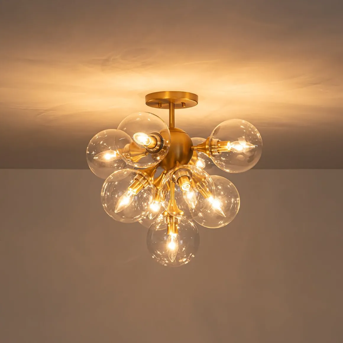 Mid-Century Brass Glass Bubble Tiered Semi Flush Chandelier