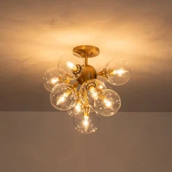 Mid-Century Brass Glass Bubble Tiered Semi Flush Chandelier
