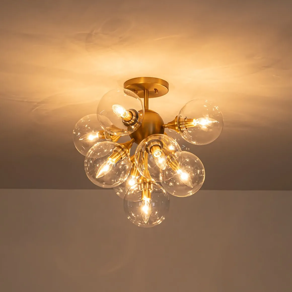 Mid-Century Brass Glass Bubble Tiered Semi Flush Chandelier
