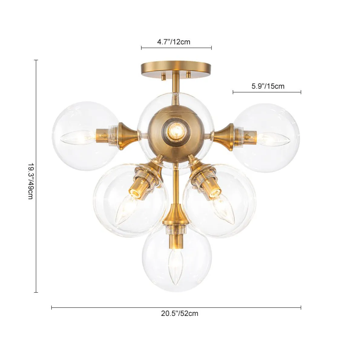 Mid-Century Brass Glass Bubble Tiered Semi Flush Chandelier