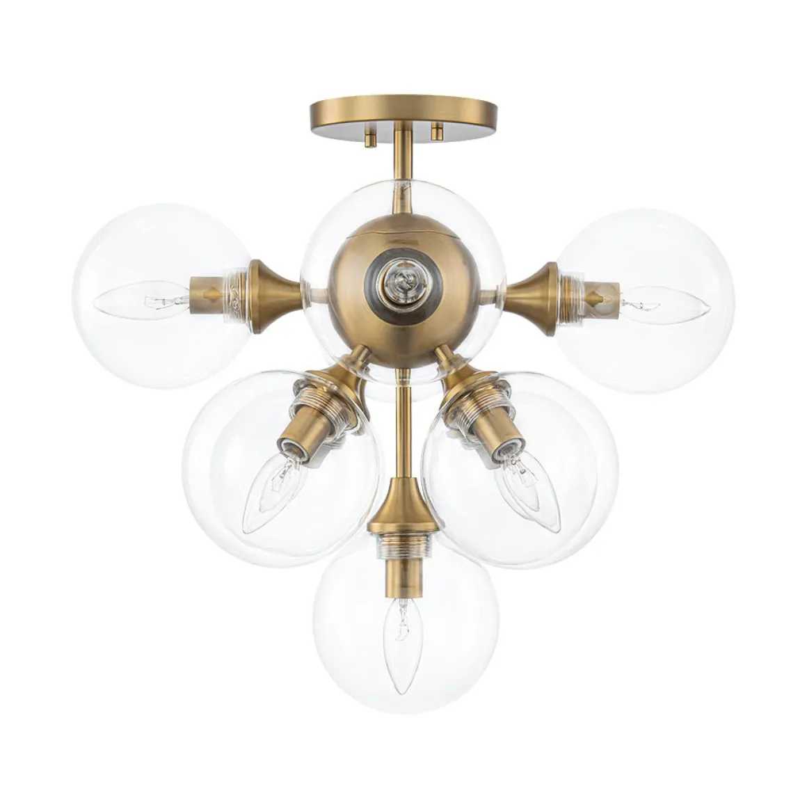 Mid-Century Brass Glass Bubble Tiered Semi Flush Chandelier