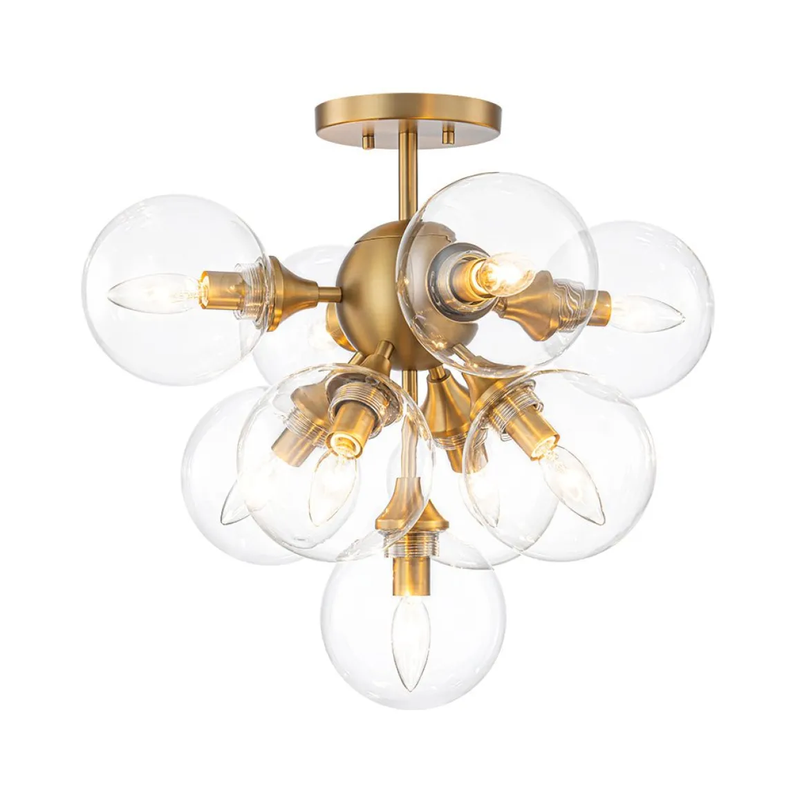 Mid-Century Brass Glass Bubble Tiered Semi Flush Chandelier