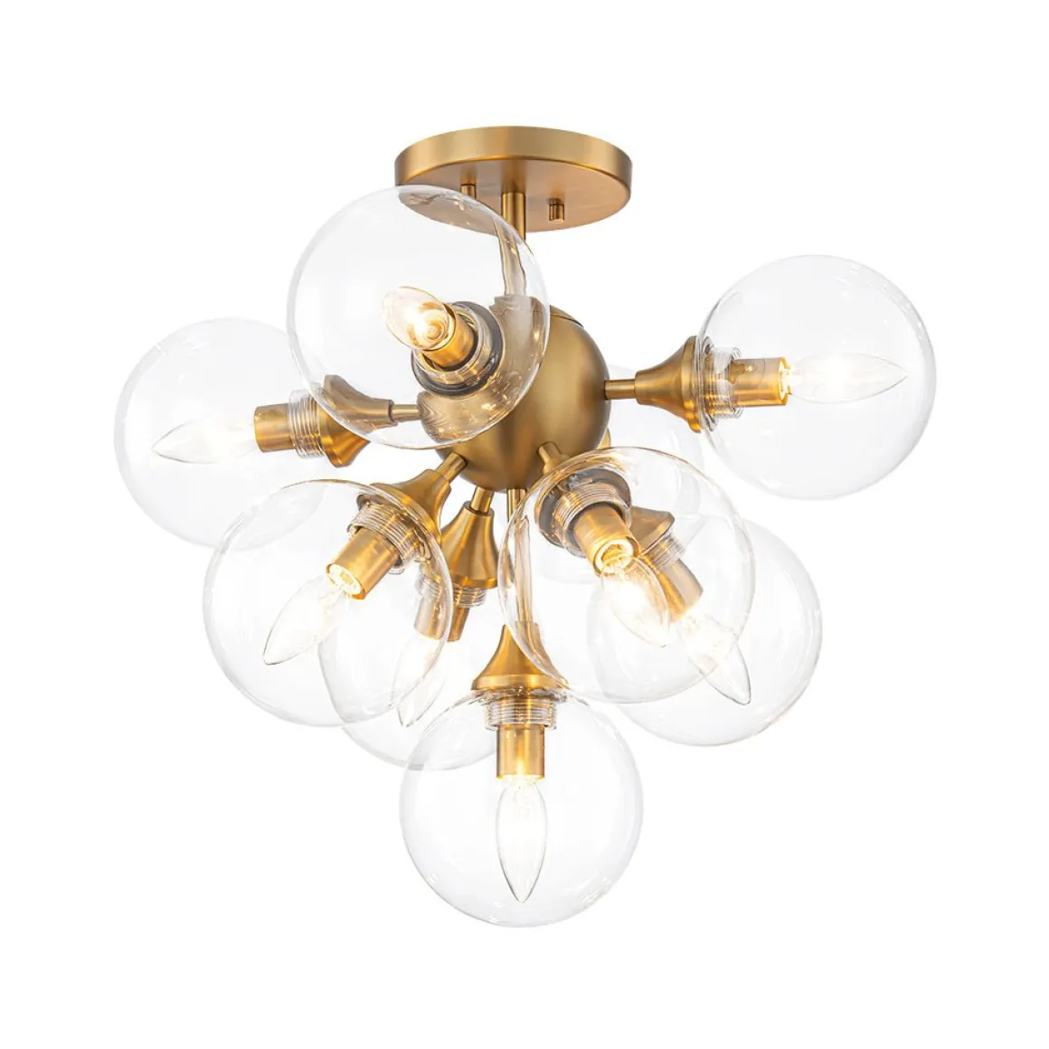 Mid-Century Brass Glass Bubble Tiered Semi Flush Chandelier