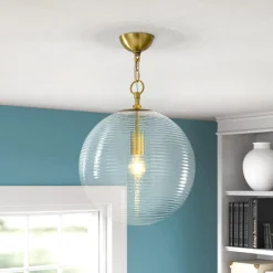 Mid-Century Brass 1-light Clear Reeded Glass Globe Pendant