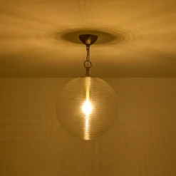 Mid-Century Brass 1-light Clear Reeded Glass Globe Pendant