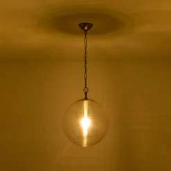Mid-Century Brass 1-light Clear Reeded Glass Globe Pendant
