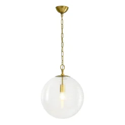 Mid-Century Brass 1-light Clear Reeded Glass Globe Pendant