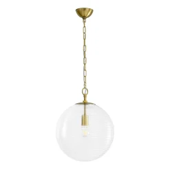 Mid-Century Brass 1-light Clear Reeded Glass Globe Pendant