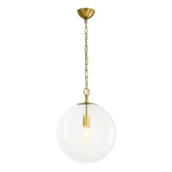 Mid-Century Brass 1-light Clear Reeded Glass Globe Pendant