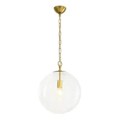 Mid-Century Brass 1-light Clear Reeded Glass Globe Pendant