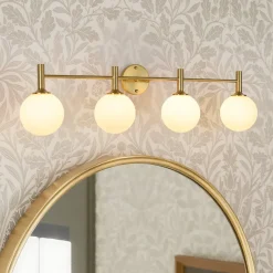 Mid-Century Brass 4-Light Glass Globe Vanity Sconce