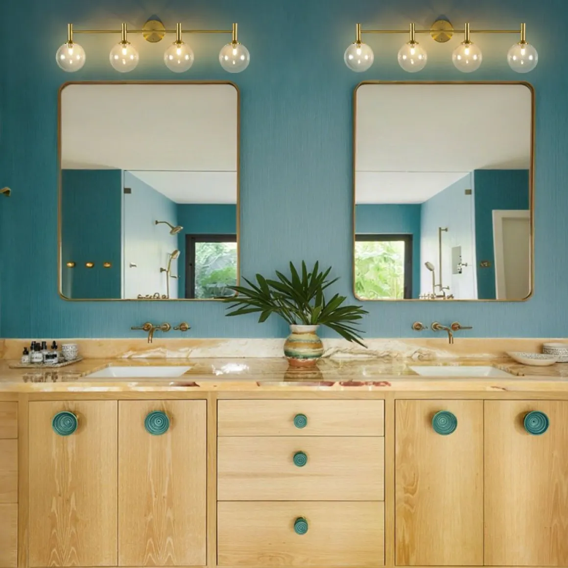 Mid-Century Brass 4-Light Glass Globe Vanity Sconce