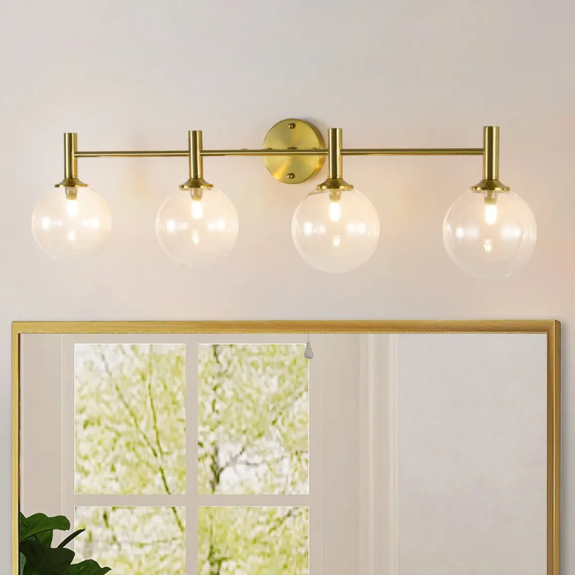 Mid-Century Brass 4-Light Glass Globe Vanity Sconce