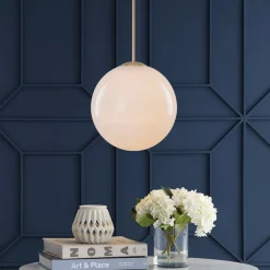Mid-Century Brass 1-light Shine Opal Glass Globe Pendant