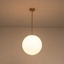 Mid-Century Brass 1-light Shine Opal Glass Globe Pendant