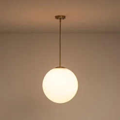 Mid-Century Brass 1-light Shine Opal Glass Globe Pendant
