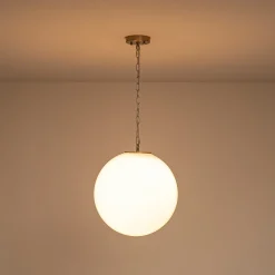 Mid-Century Brass 1-light Shine Opal Glass Globe Pendant