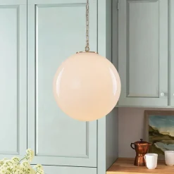 Mid-Century Brass 1-light Shine Opal Glass Globe Pendant