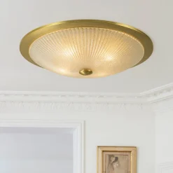 Mid-Century Brass Ribbed Textured Scalloped Glass Flush Mount