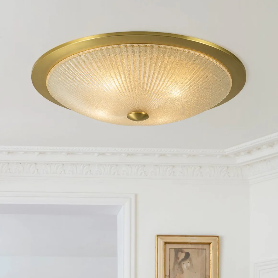 Mid-Century Brass Ribbed Textured Scalloped Glass Flush Mount