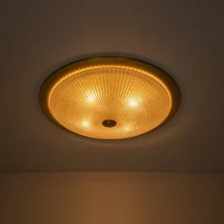 Mid-Century Brass Ribbed Textured Scalloped Glass Flush Mount