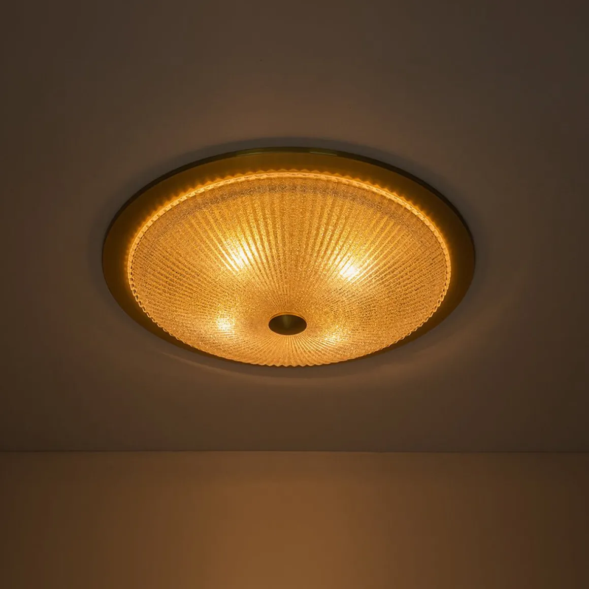 Mid-Century Brass Ribbed Textured Scalloped Glass Flush Mount