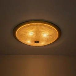 Mid-Century Brass Ribbed Textured Scalloped Glass Flush Mount