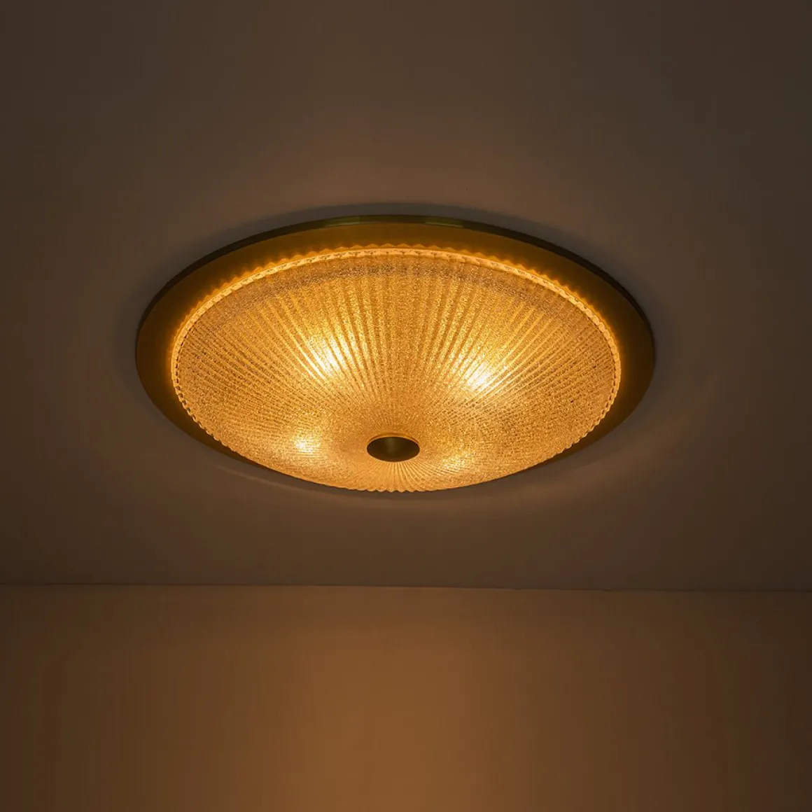 Mid-Century Brass Ribbed Textured Scalloped Glass Flush Mount