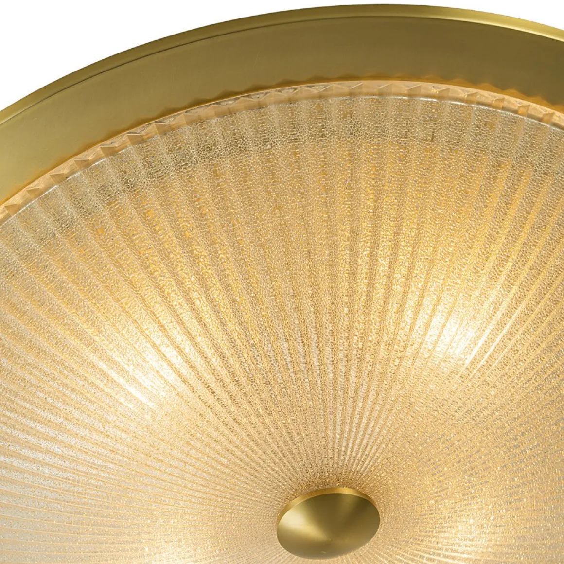 Mid-Century Brass Ribbed Textured Scalloped Glass Flush Mount