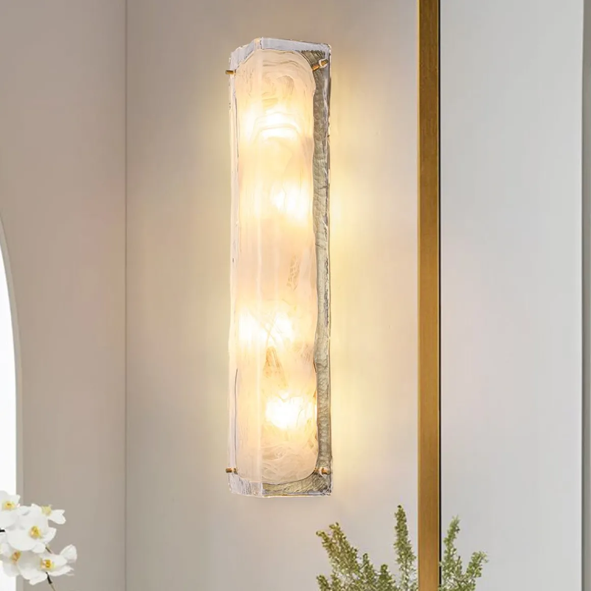 Mid-Century Brass White Glazed Glass Linear Wall Sconce