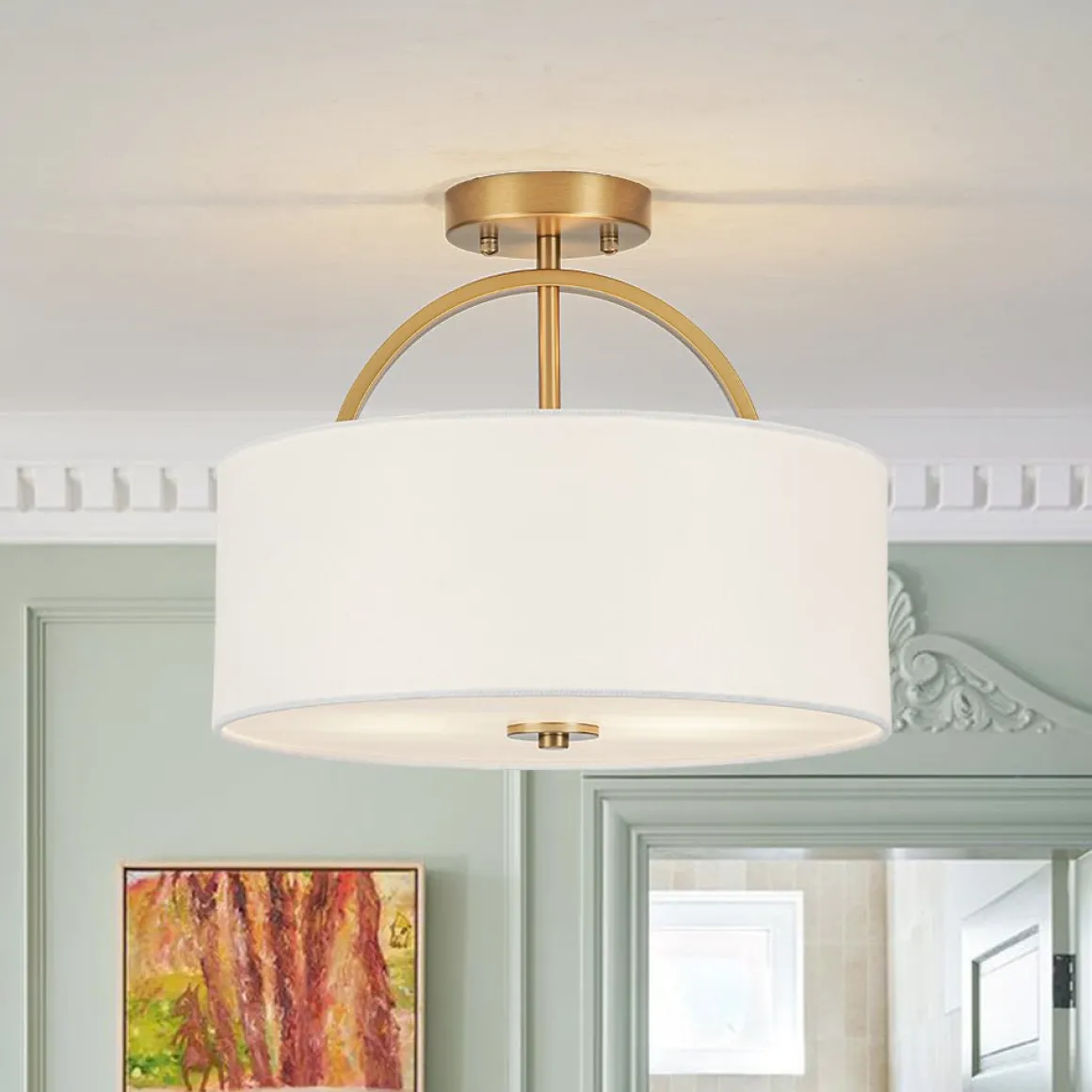 Mid-Century Brass Wide Linen Drum Semi Flush Mount