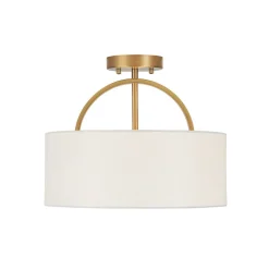 Mid-Century Brass Wide Linen Drum Semi Flush Mount