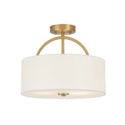 Mid-Century Brass Wide Linen Drum Semi Flush Mount