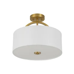 Mid-Century Brass Wide Linen Drum Semi Flush Mount