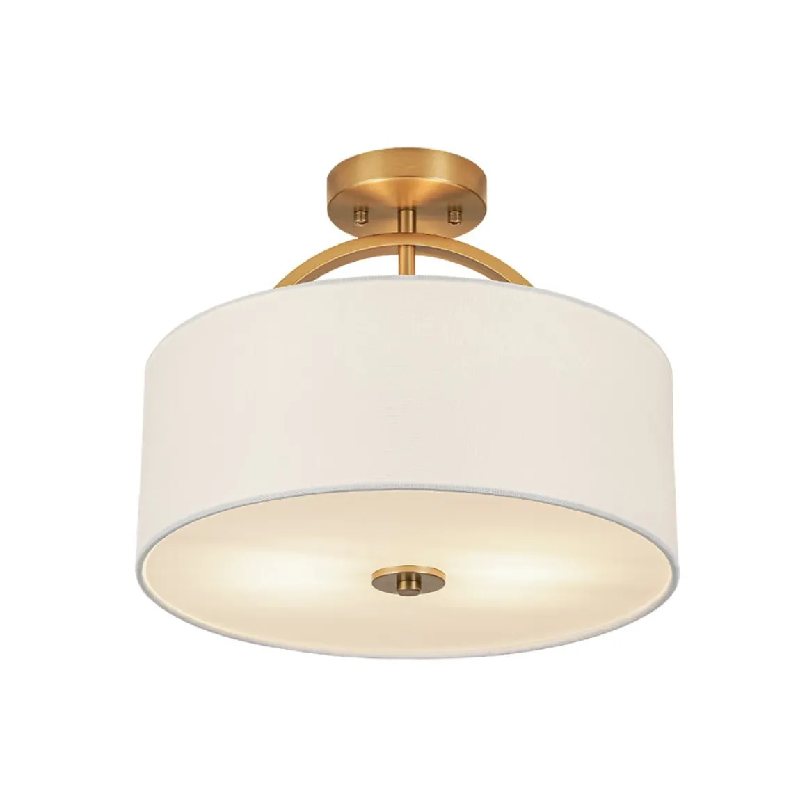 Mid-Century Brass Wide Linen Drum Semi Flush Mount