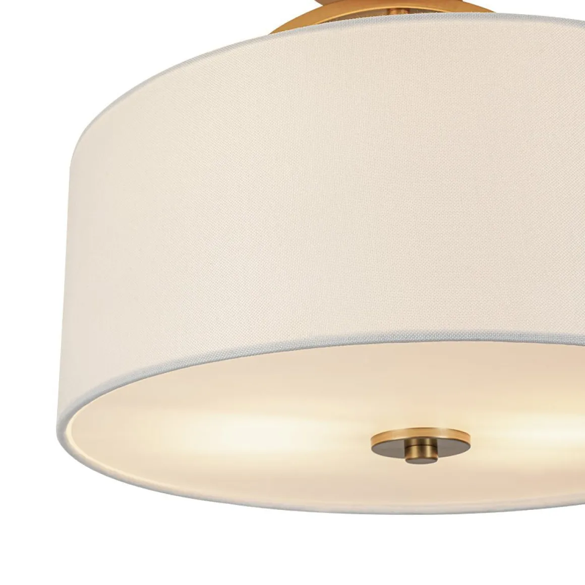 Mid-Century Brass Wide Linen Drum Semi Flush Mount