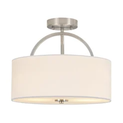 Mid-Century Brass Wide Linen Drum Semi Flush Mount
