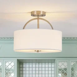 Mid-Century Brass Wide Linen Drum Semi Flush Mount
